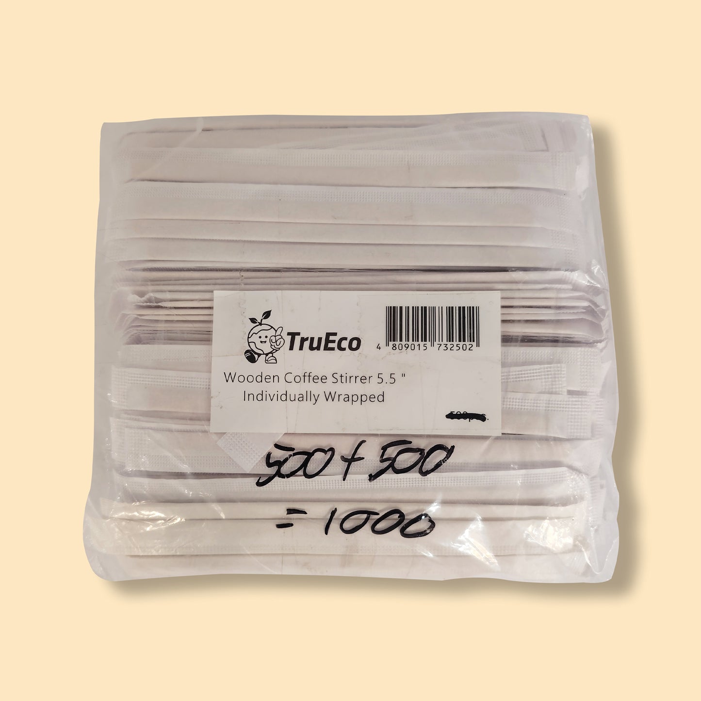Pack of 500 individually wrapped wooden coffee stirrers by TruEco, 5.5 inches long in clear packaging