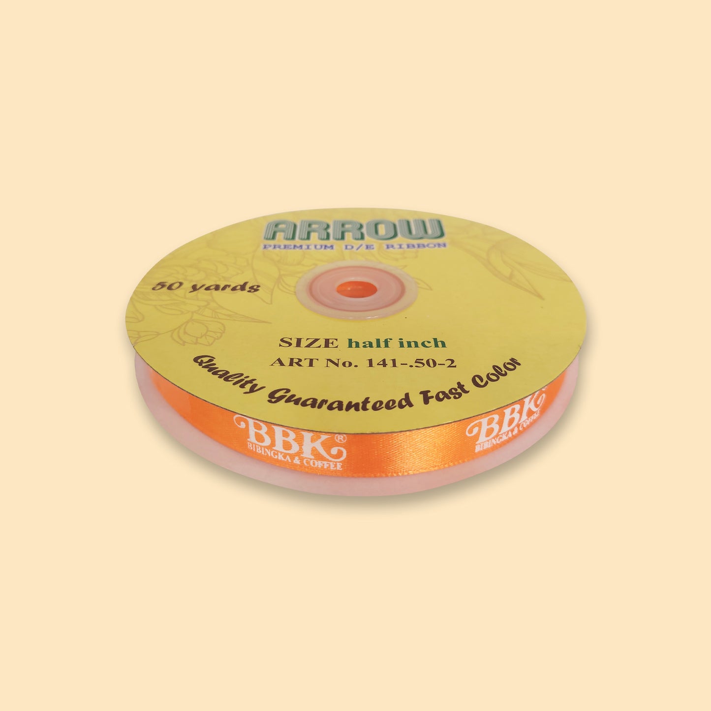 Ribbon/twin decorative orange satin roll, half-inch width, 50 yards length with Arrow brand label on yellow spool