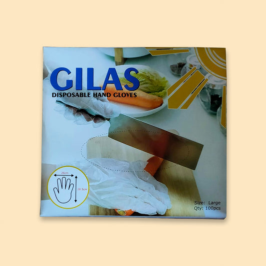 Gilas disposable plastic gloves pack of 100 pieces, large size, with product packaging showing hand icon