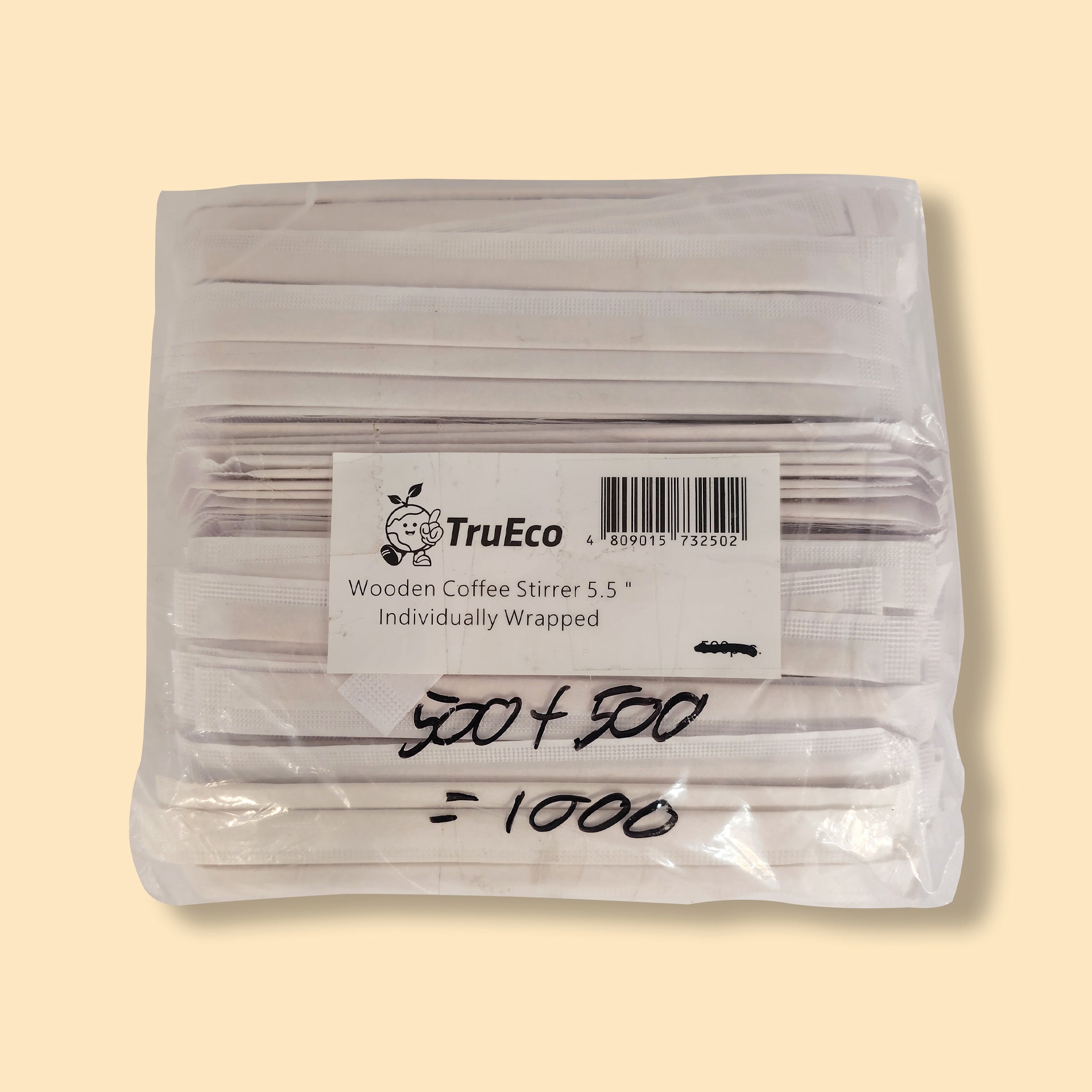 Pack of 500 individually wrapped wooden coffee stirrers by TruEco, 5.5 inches long in clear packaging