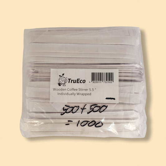 Pack of 500 individually wrapped wooden coffee stirrers by TruEco, 5.5 inches long in clear packaging