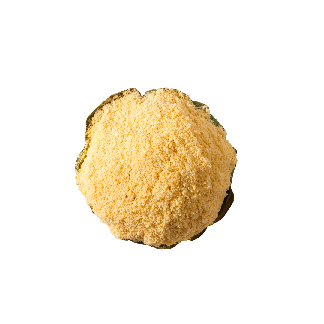 Parmesan Bibingka topped with golden cheese crumbs shown from above on white background