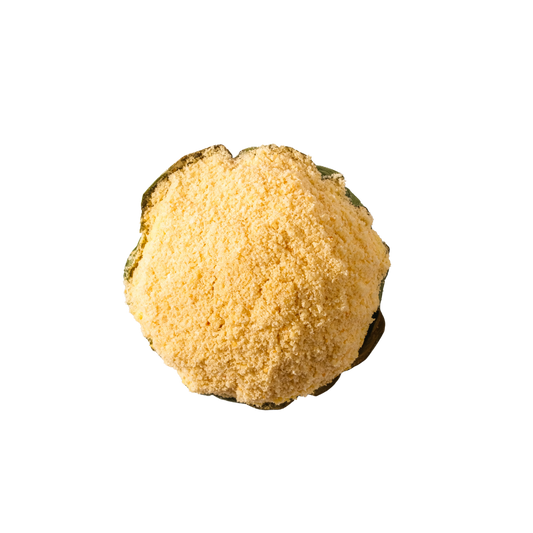 Parmesan Bibingka topped with golden cheese crumbs shown from above on white background