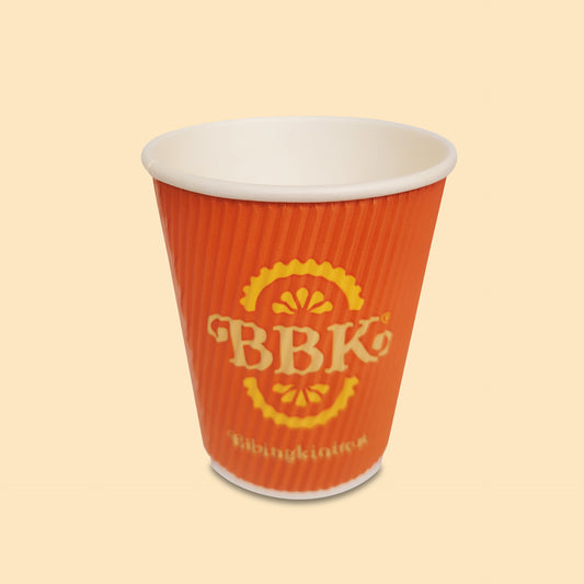 Bibingkinitan Ripple Cup 8oz orange disposable paper cup with BBK logo, pack of 25 cups for beverage service