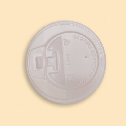 White plastic coffee lid with flip cover for 8oz cups, featuring a secure closure tab and caution text, pack of 50