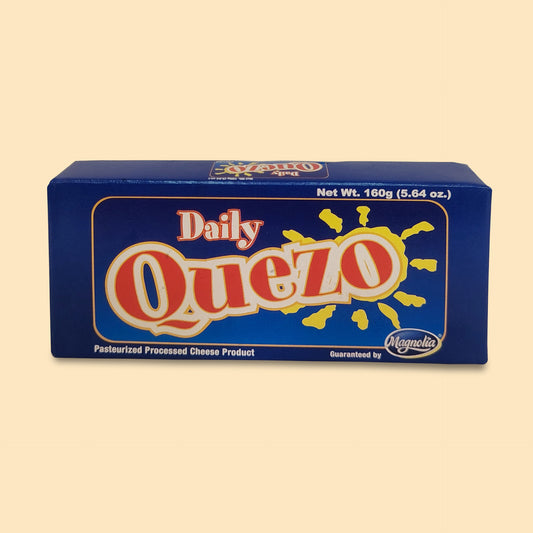 Daily Quezo cheese product in blue rectangular box with bright sun logo design and red text, 165g package