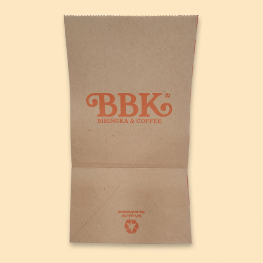 Brown paper bag with BBK Bibingka & Coffee logo in orange print, pack of 100 number 3 size bags