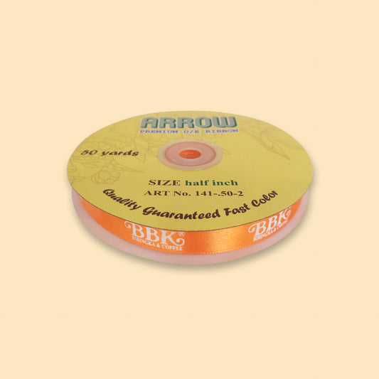 Ribbon/twin decorative orange satin roll, half-inch width, 50 yards length with Arrow brand label on yellow spool
